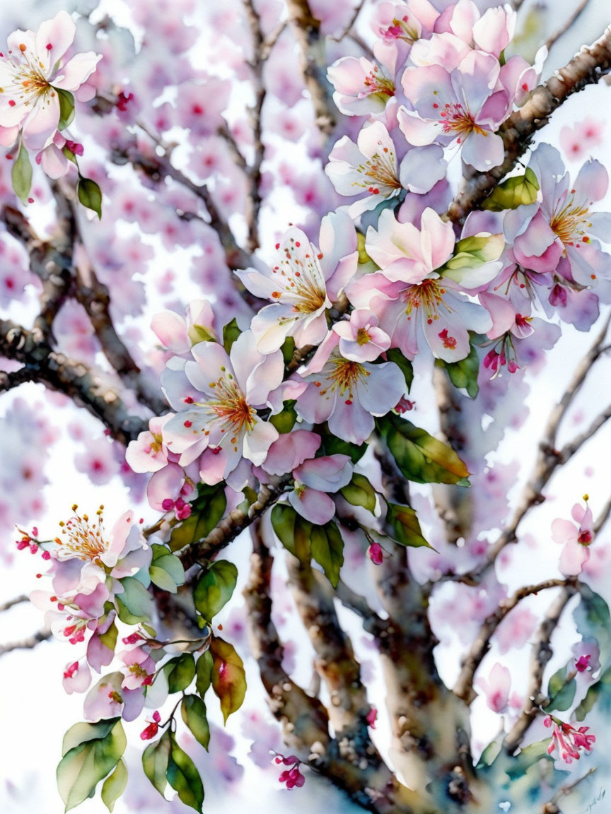 Cherry Blossoms Watercolor Painting with Pink Petals