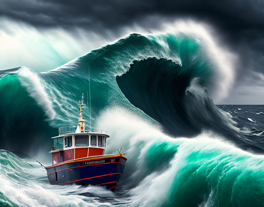 Small Boat Confronts Towering Waves in Stormy Sea