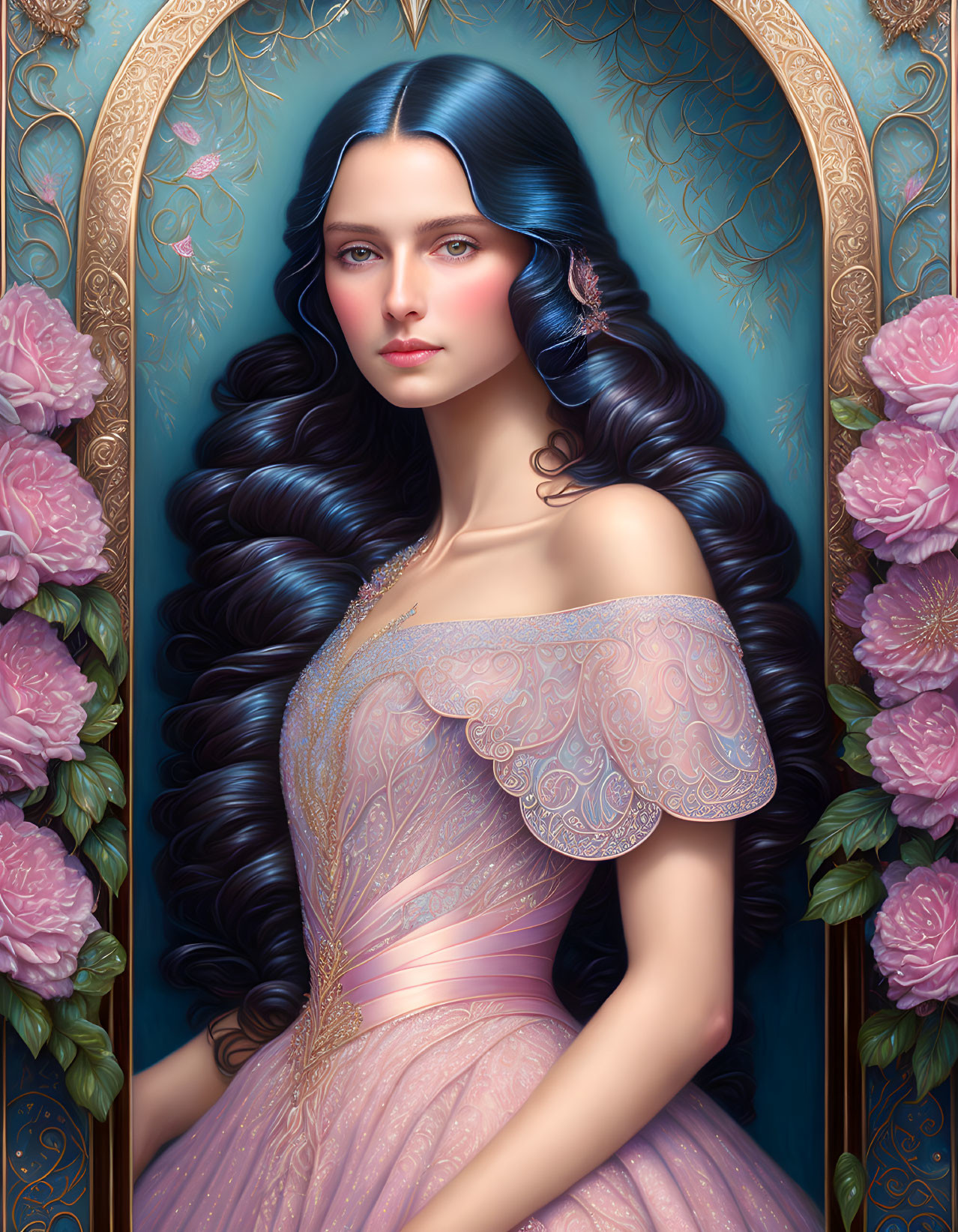 Portrait of Woman with Dark Hair in Pink Dress Under Ornate Arch