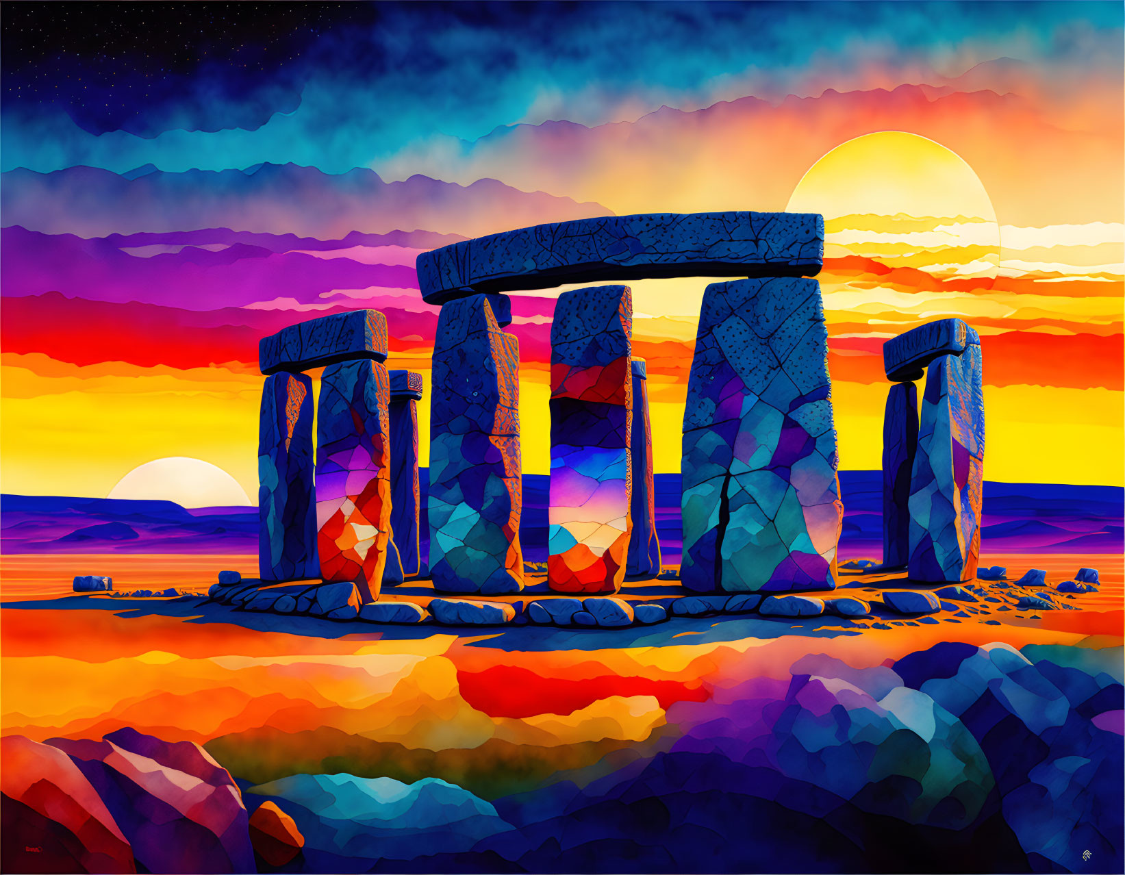 Colorful sunset over Stonehenge with star-speckled sky