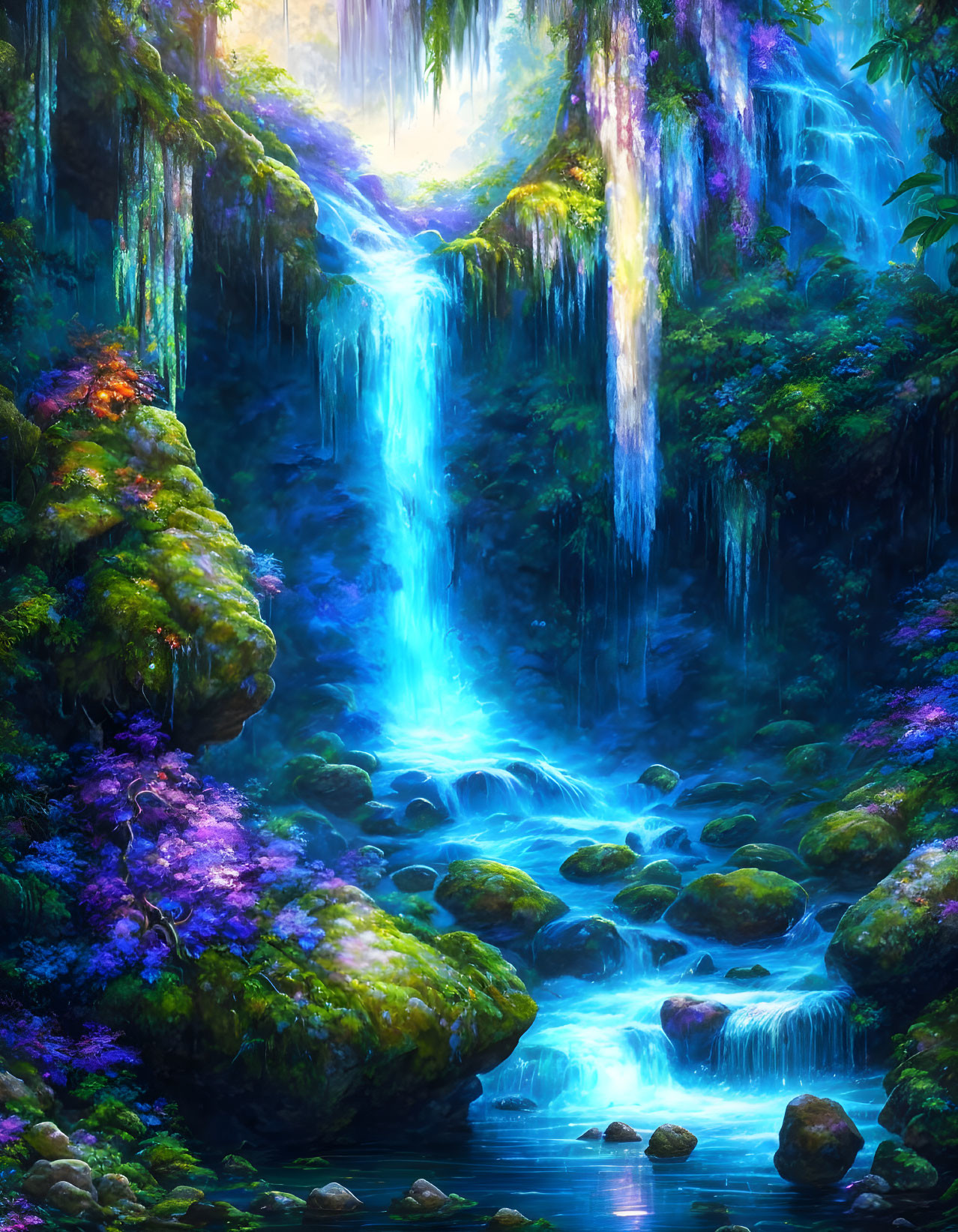 Ethereal fantasy woodland with waterfalls, glowing flora, and blue river