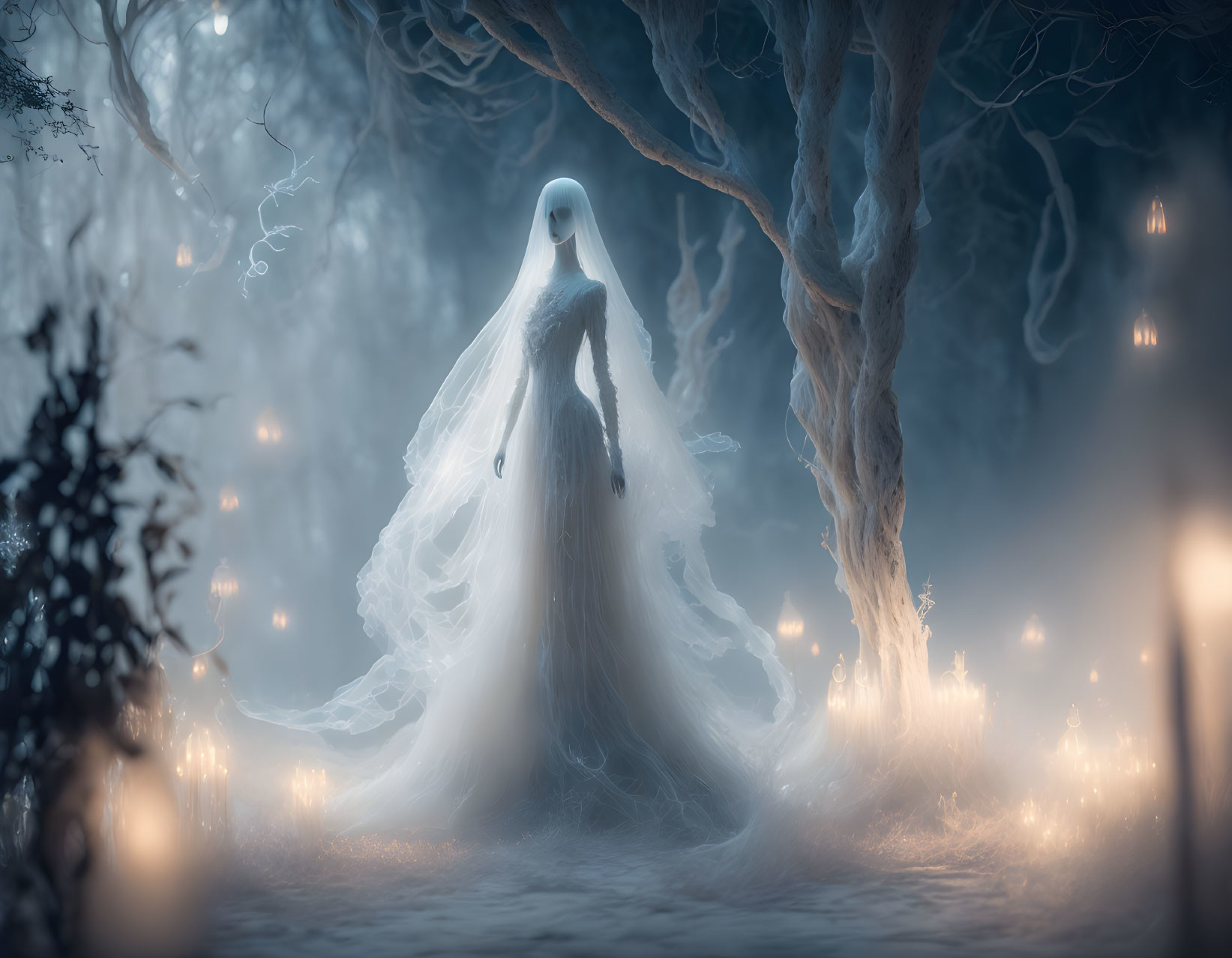 Ghostly Figure in White Cloak Stands in Enchanted Forest