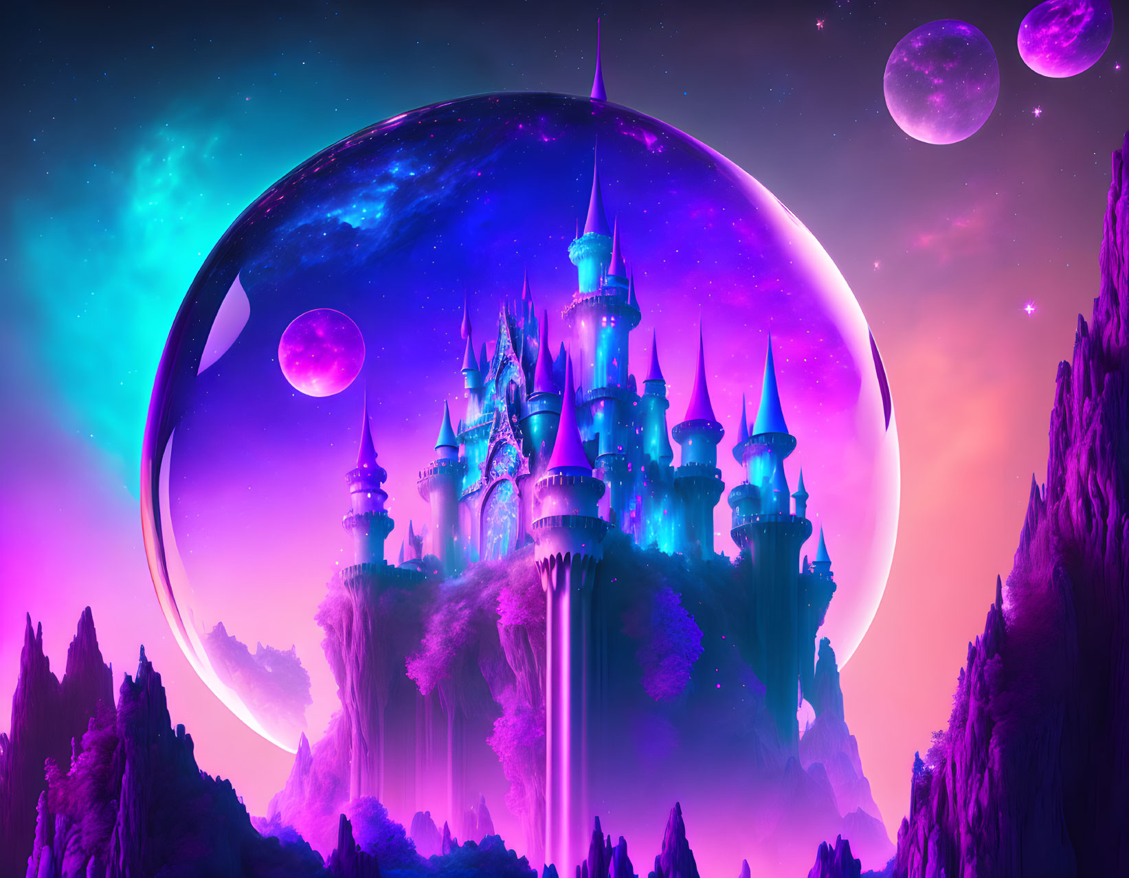 Fantasy castle digital art with cosmic backdrop and nebulous sky