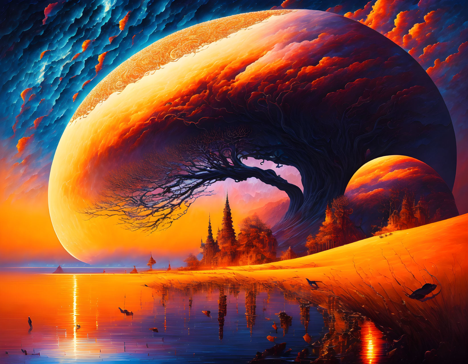 Colorful fantasy landscape with giant tree and celestial body in vibrant scene