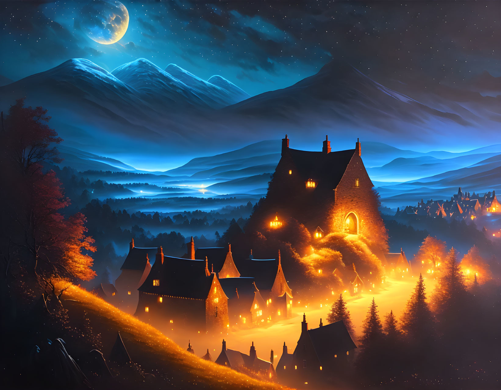 Fantasy landscape at night with illuminated houses, starlit sky, and moon.