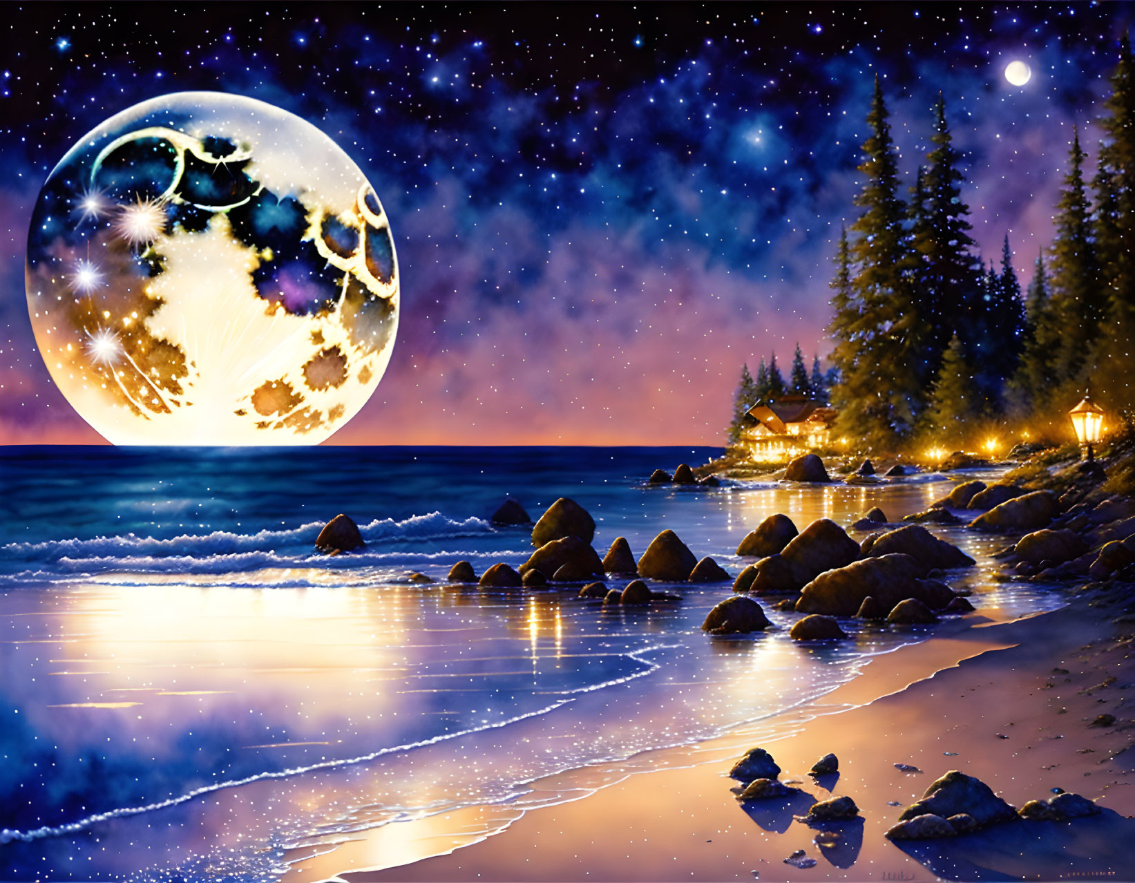 Scenic night landscape with full moon, starlit sky, trees, beach, and cozy house