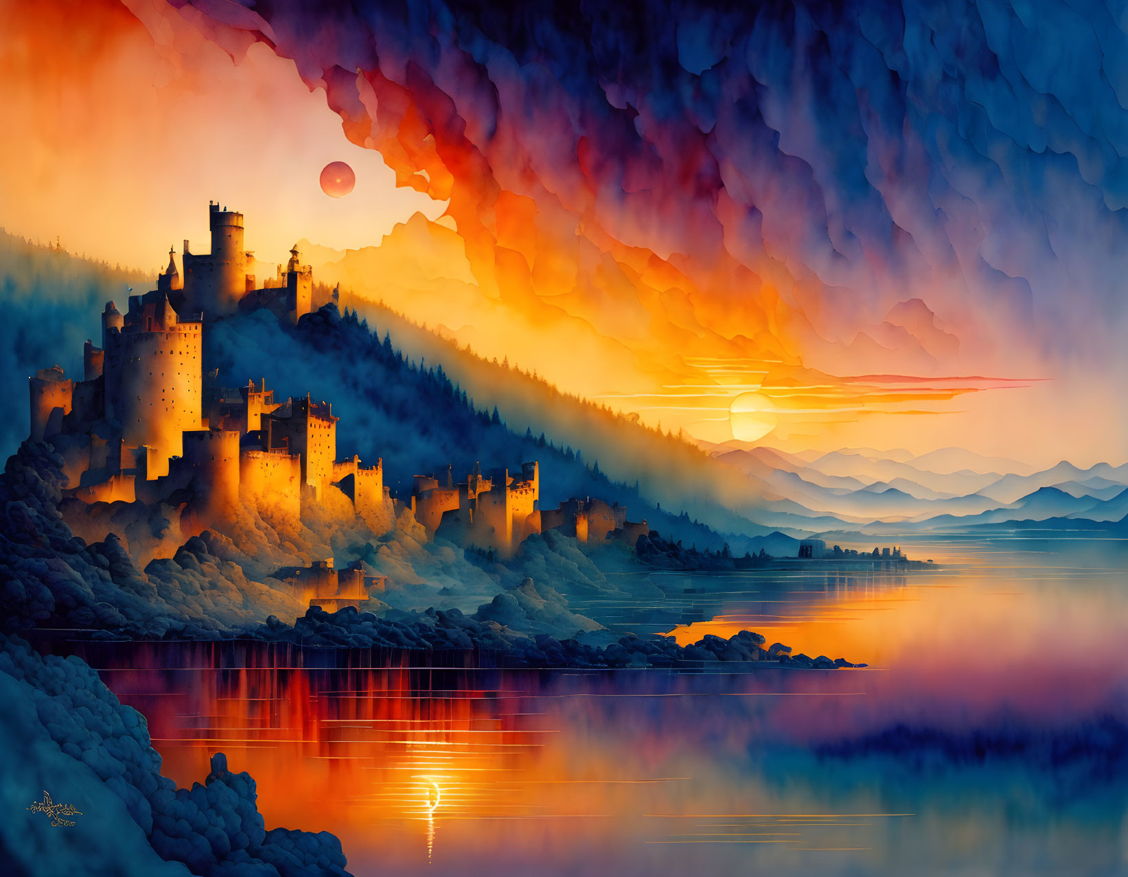 Colorful Sunset Fantasy Landscape with Lakeside Castle