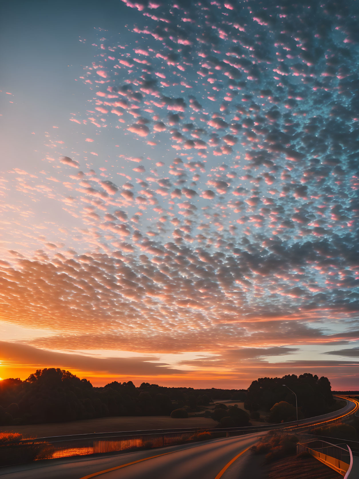 Scenic sunset with patterned clouds over winding road and trees