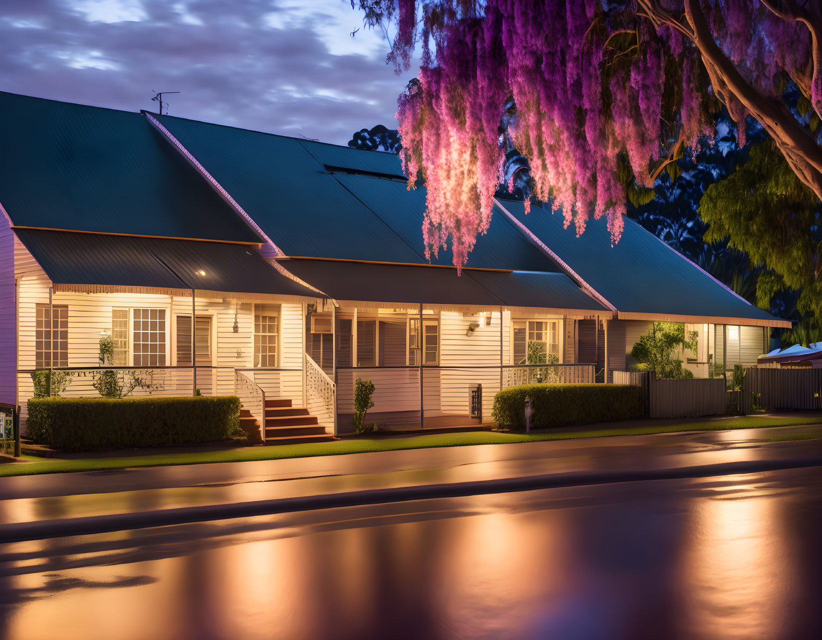 Traditional house and tree in serene twilight scene