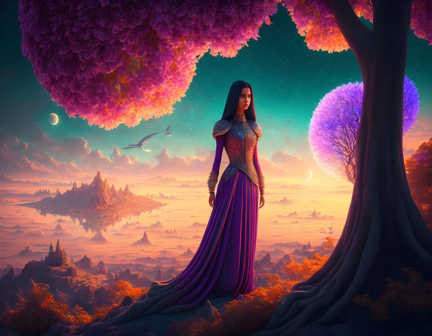 Medieval woman in fantasy landscape with vibrant trees and floating islands