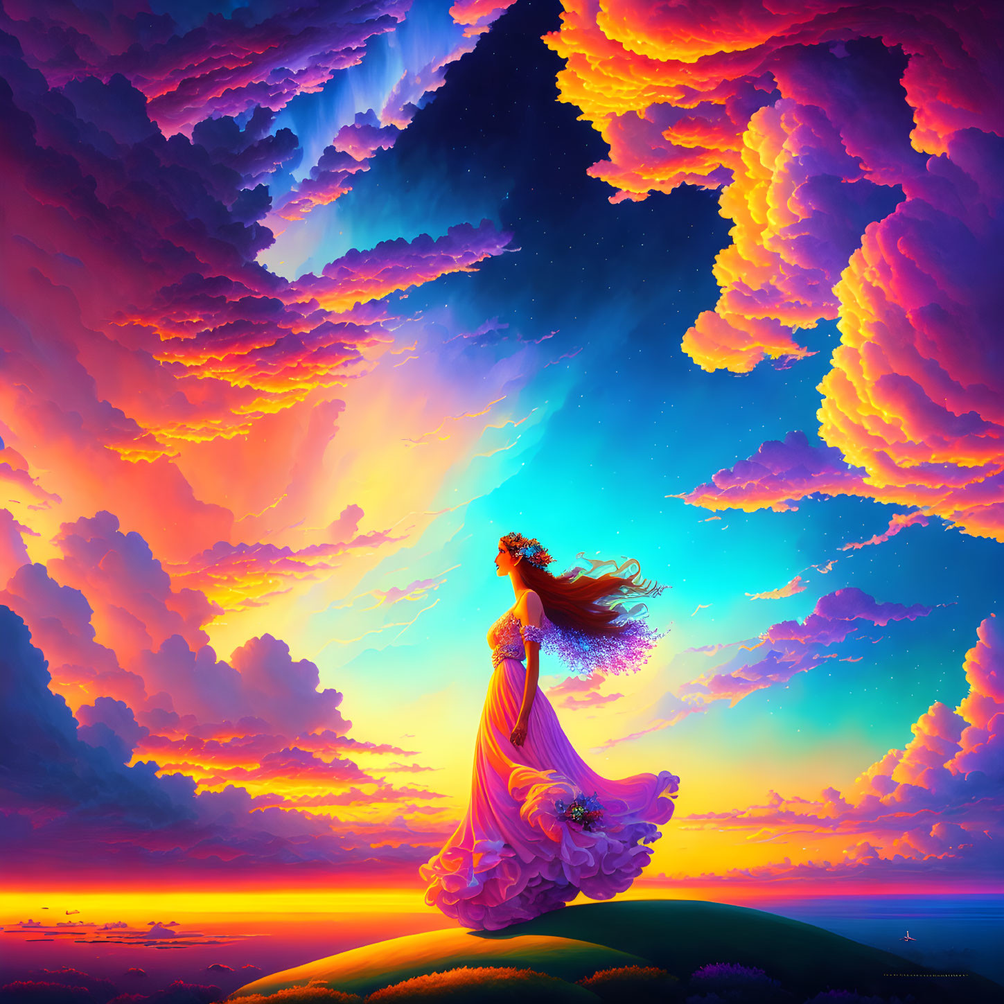 Colorful sunset sky with woman in flowing dress on hill