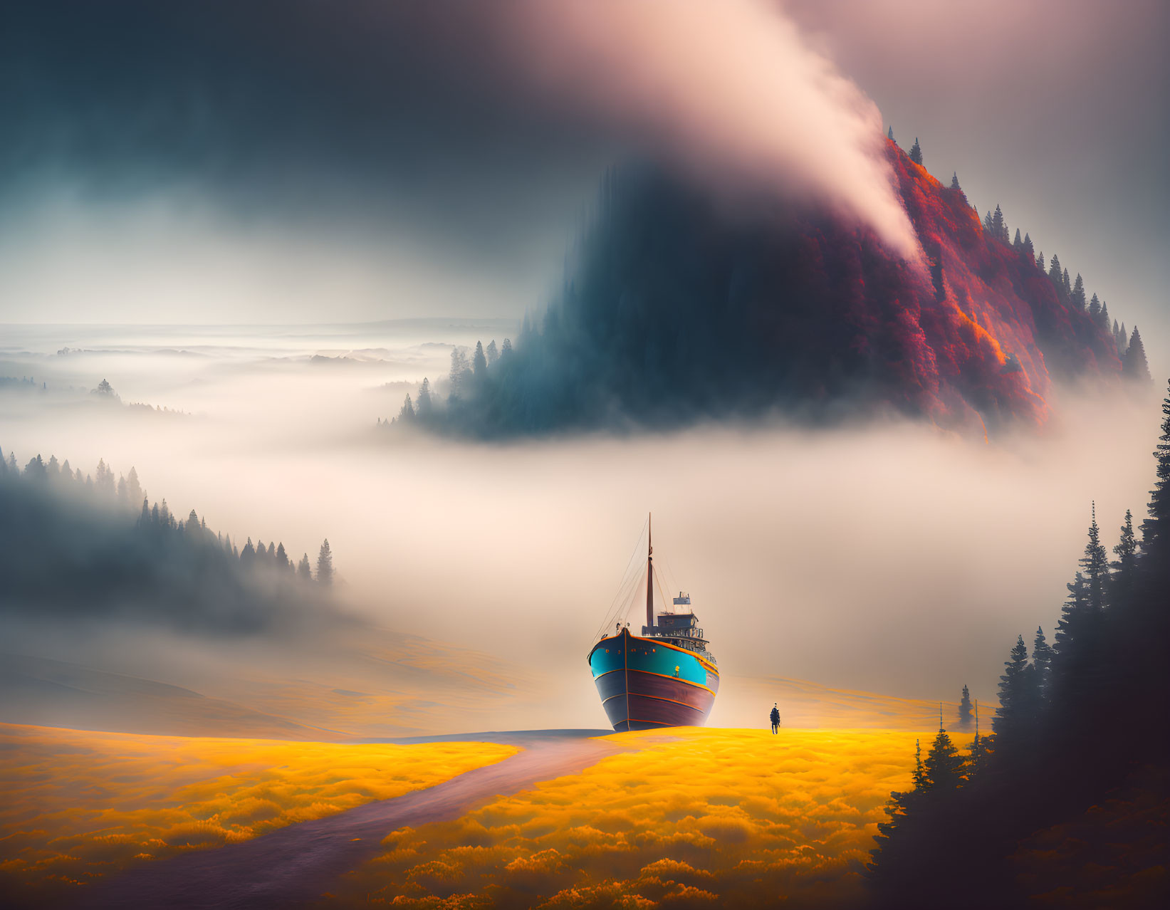 Surreal landscape with ship, figure, flowers, fog, and colorful sky