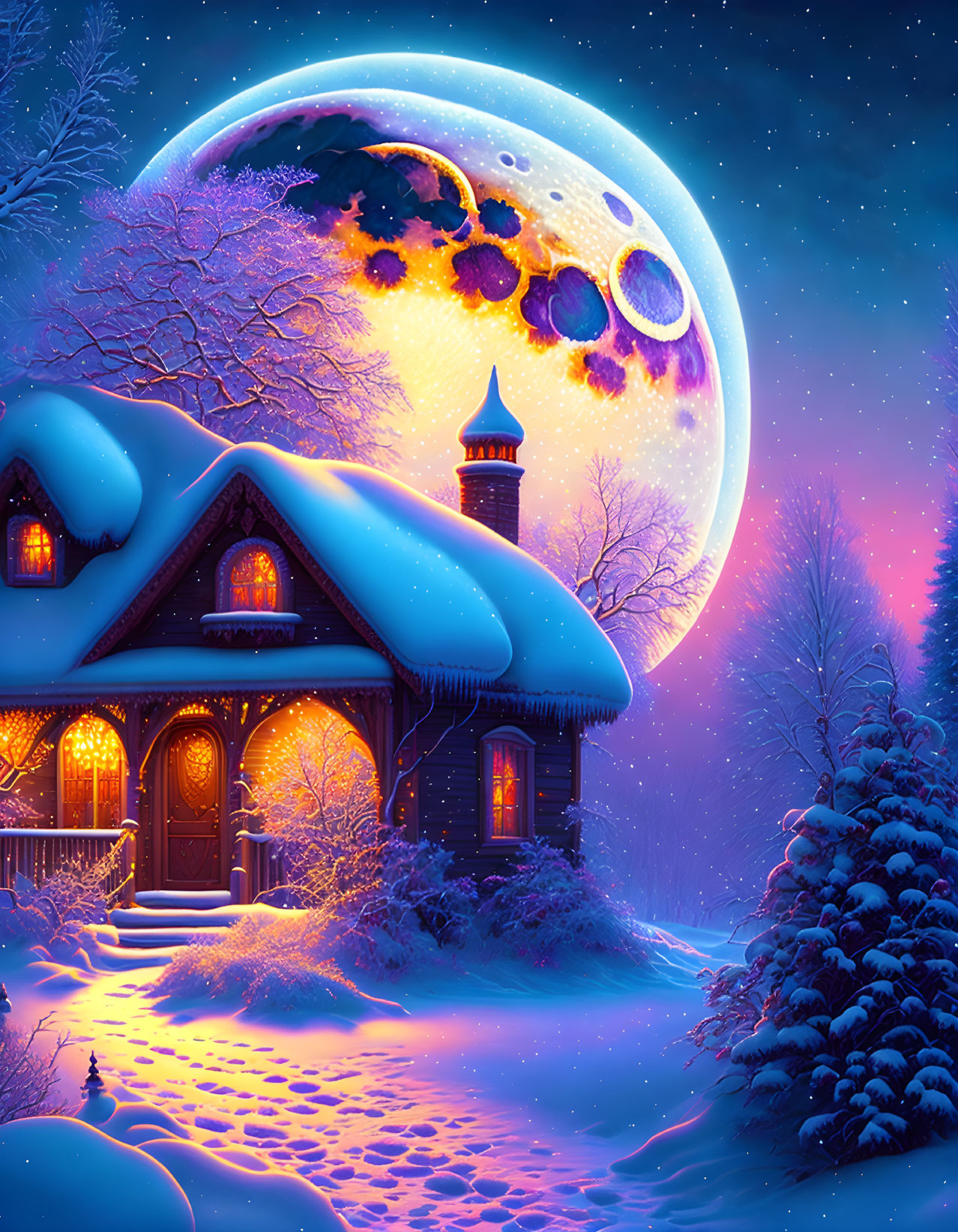 Cozy cottage under large surreal moon in snowy landscape