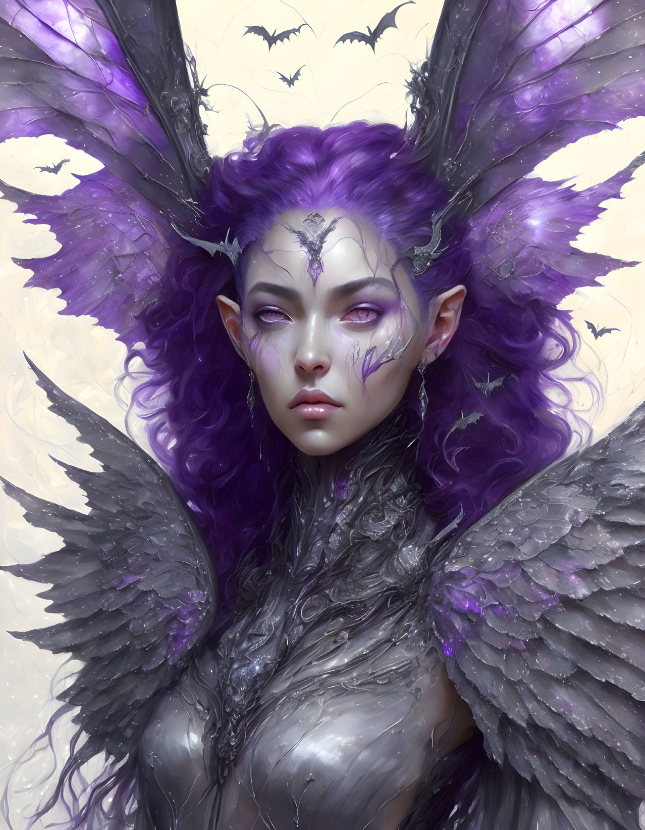 Fantasy illustration of figure with purple hair, pointed ears, dark wings, bats, and intricate facial