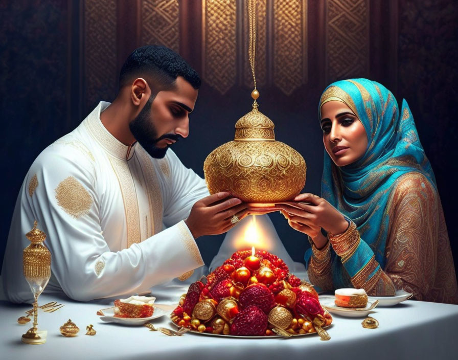 Traditional Middle Eastern couple at ornate table with golden lamp and fruits