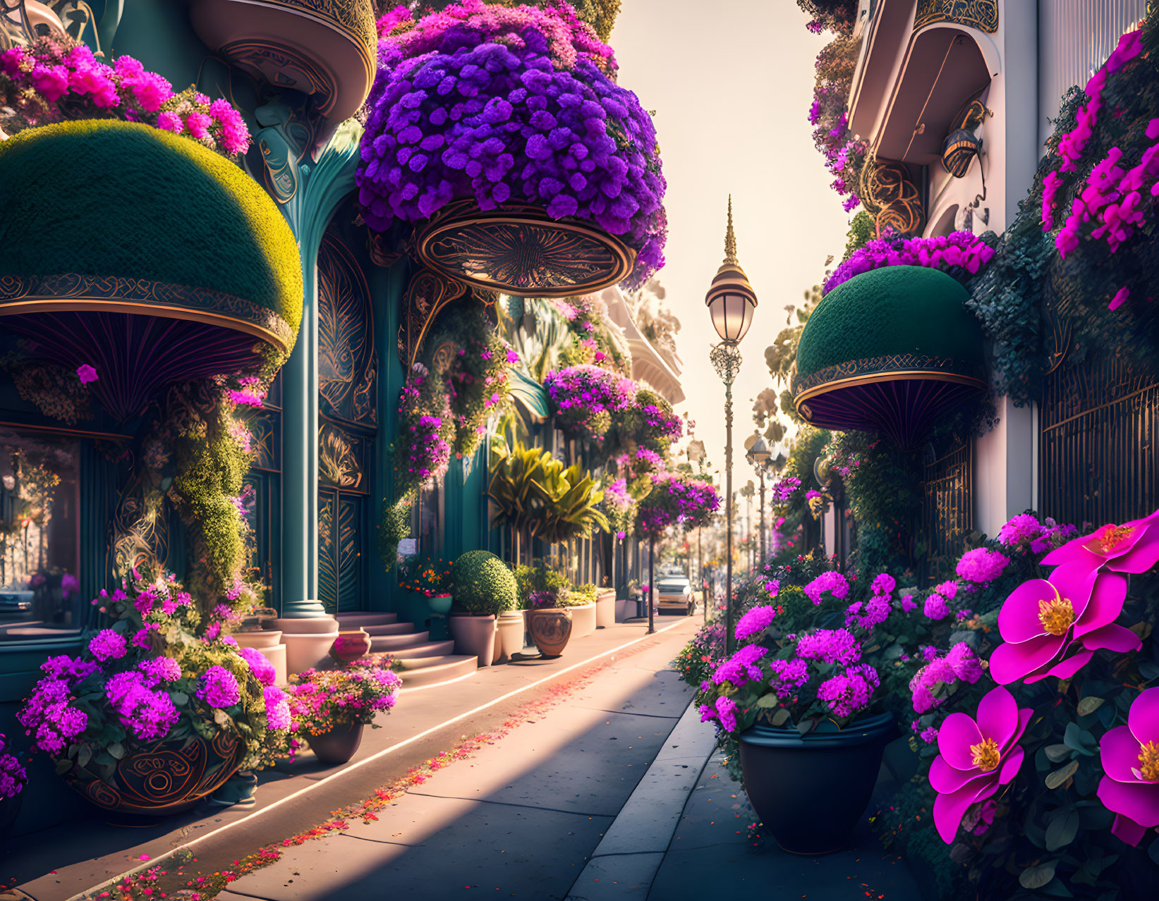 Ornate Buildings and Topiary-Lined Street Scene