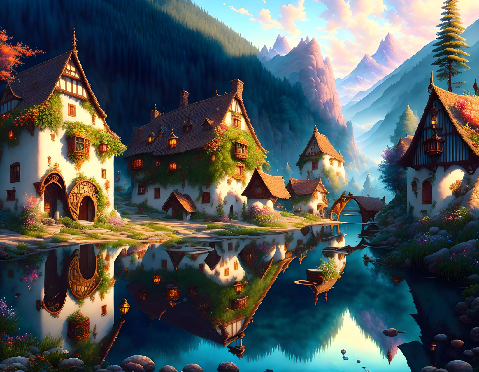 Tranquil village scene: quaint houses, still lake, mountains at sunrise