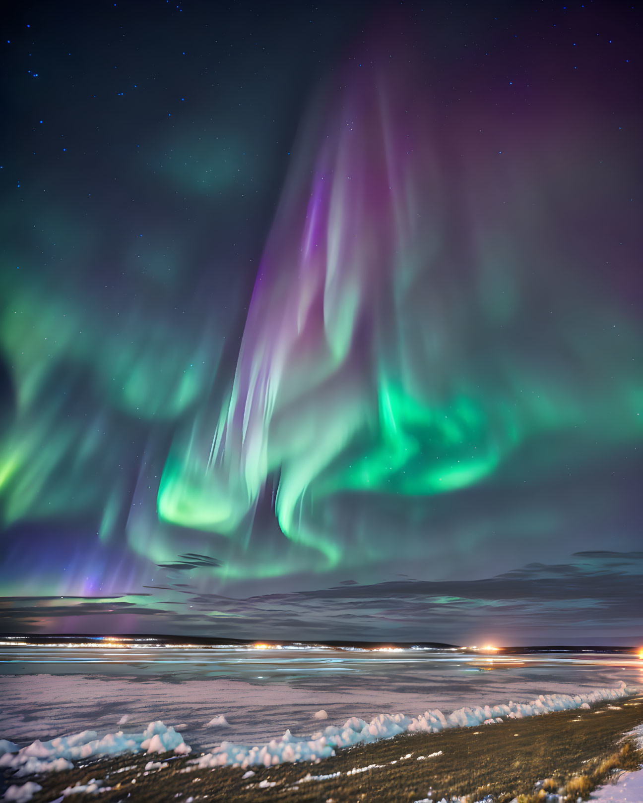 Colorful aurora borealis illuminating snowy landscape at night