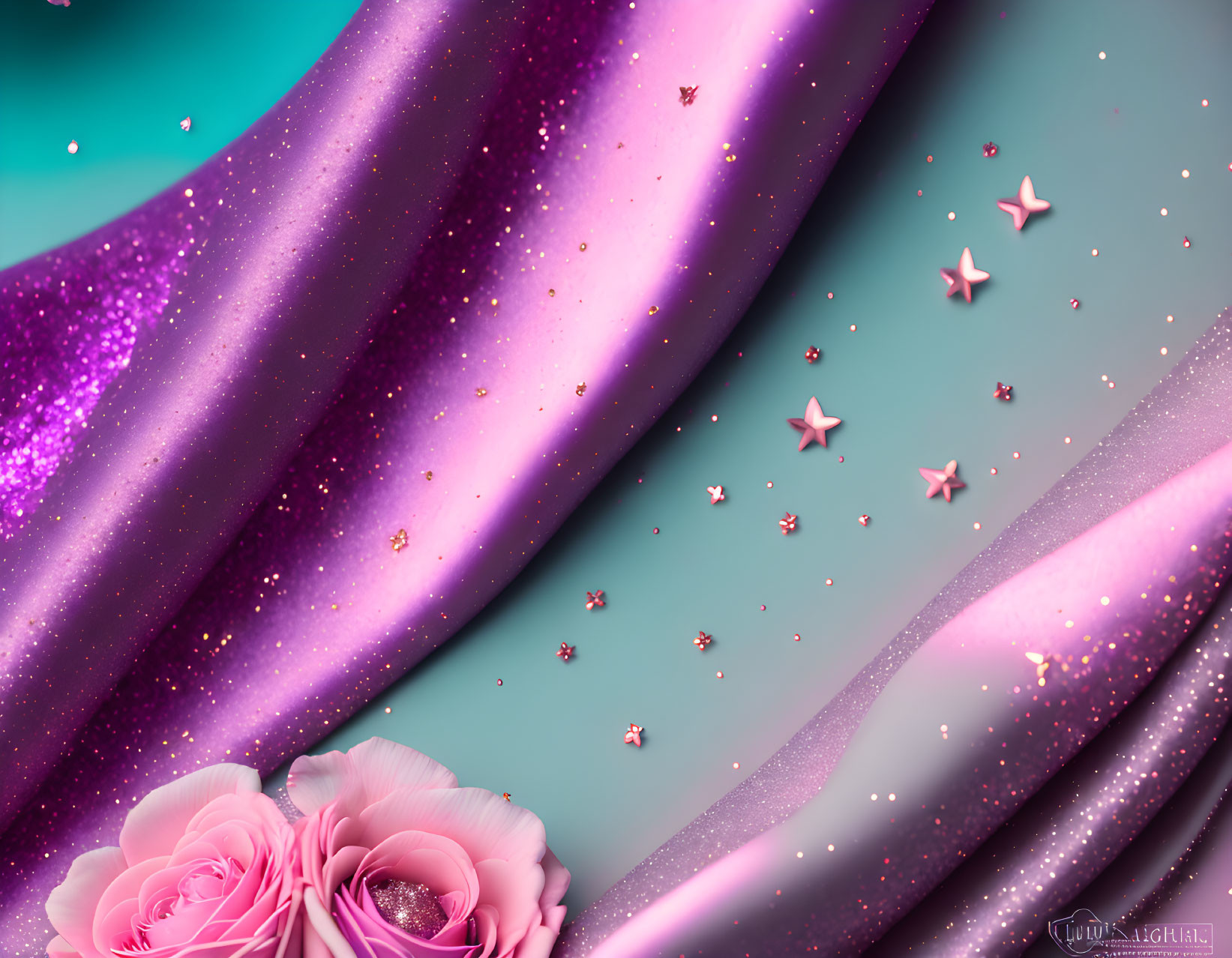 Purple and Teal Abstract Background with Sparkling Effect, Stars, and Pink Roses