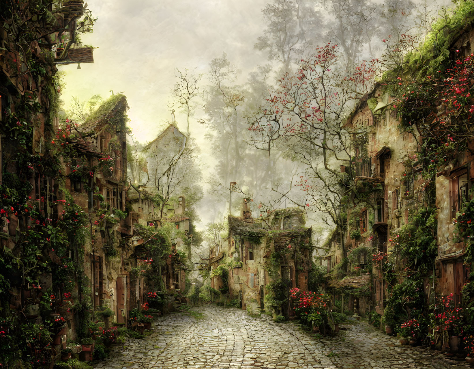 Ancient cobblestone street with overgrown buildings and red flowers in misty setting