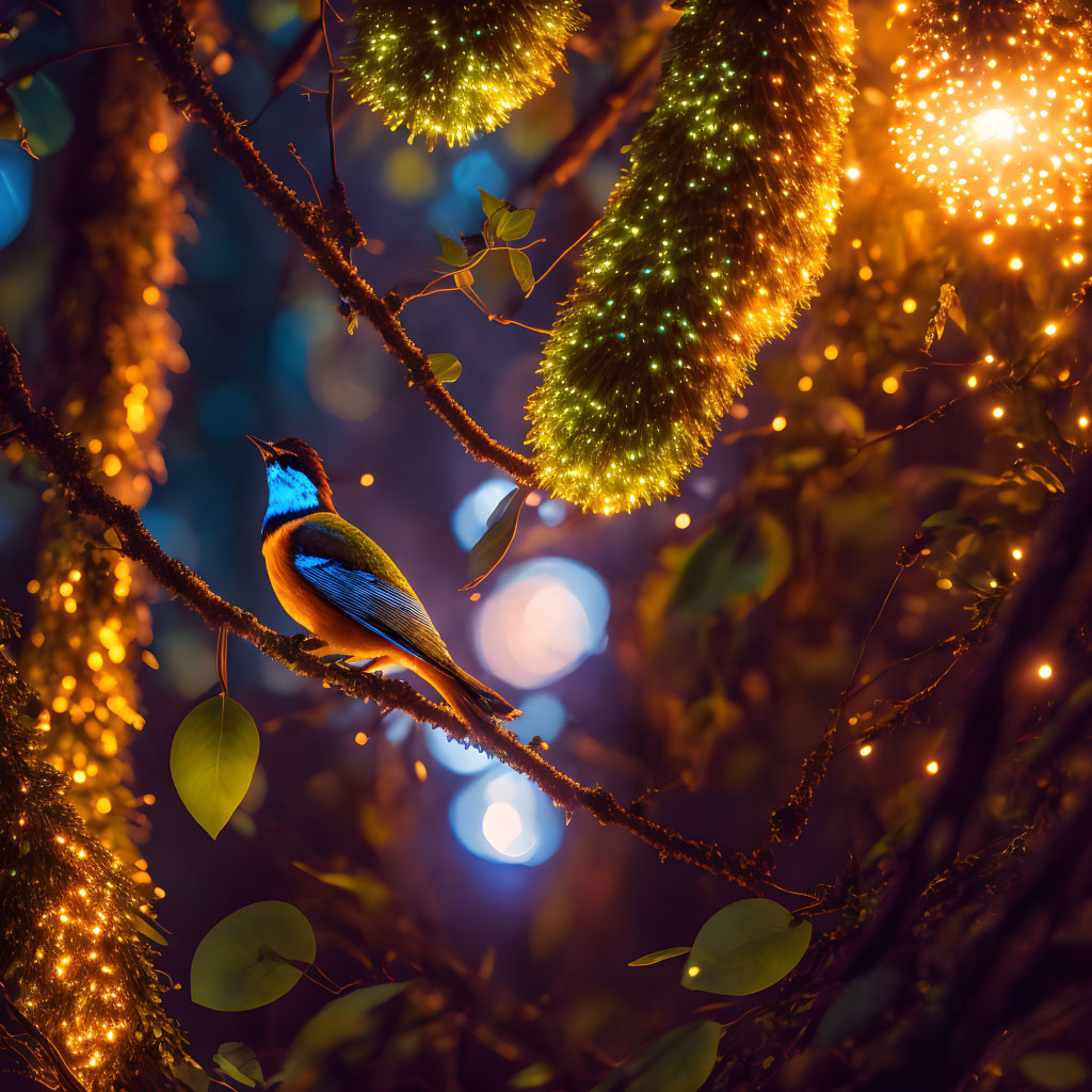 Colorful bird on branch with glowing lights and seed pods in twilight forest.