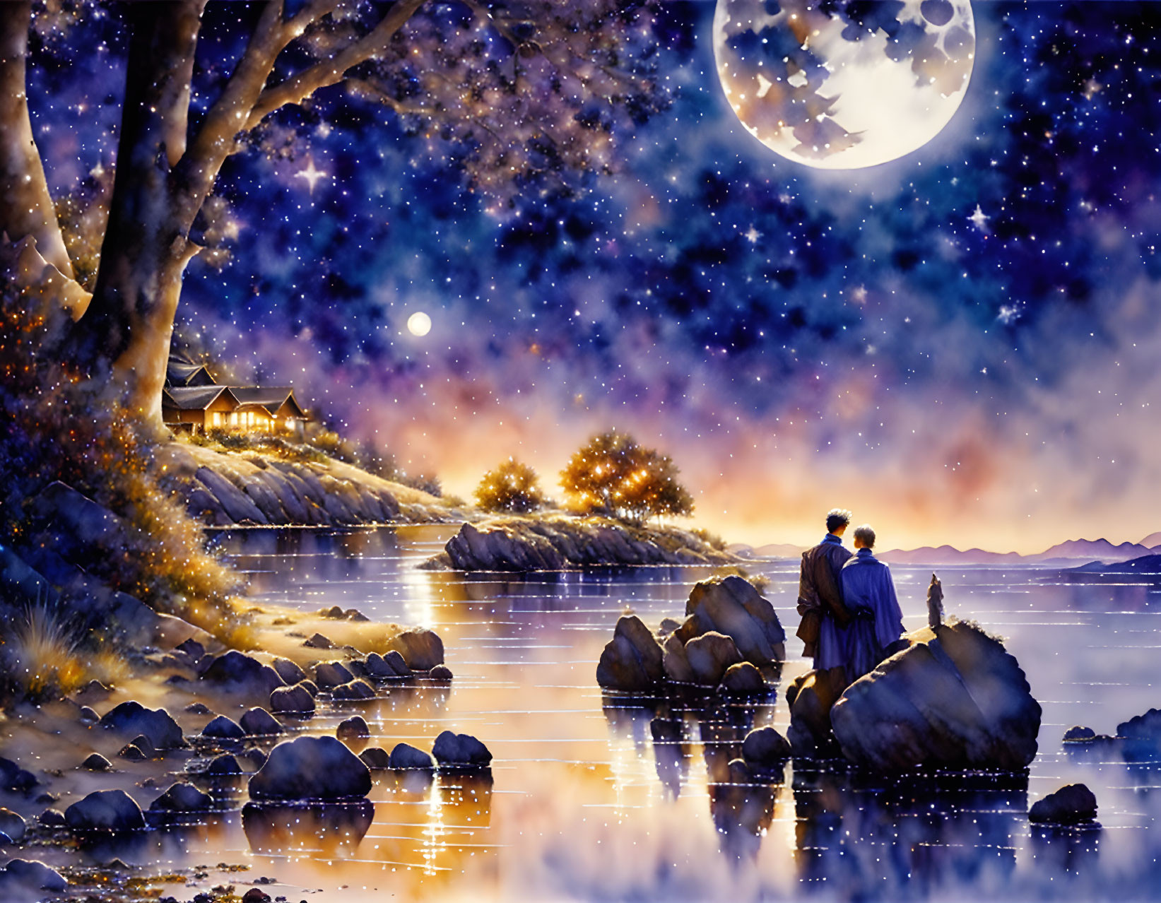 Couple by serene lakeshore under starry sky with luminous full moon