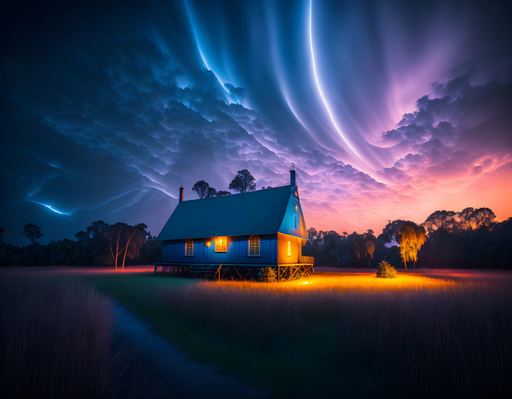 Tranquil night scene with cozy cottage under dramatic sky