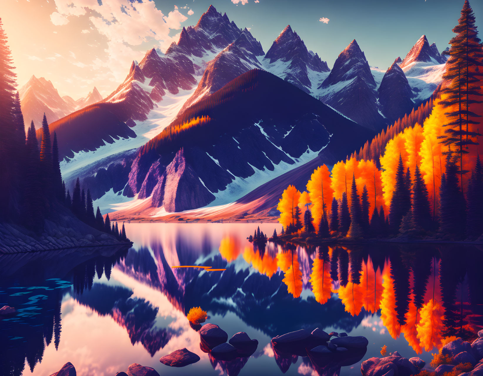 Tranquil lake mirrors autumn trees and snow-capped mountains at sunset