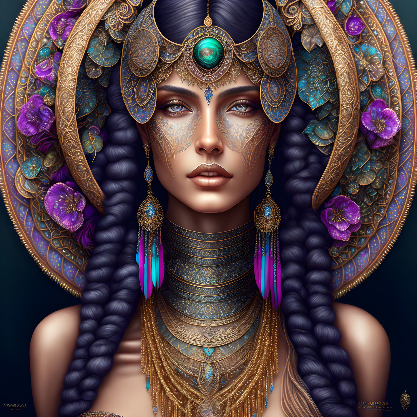 Woman with ornate golden headpiece and jewelry, adorned with purple flowers and facial tattoos on deep blue