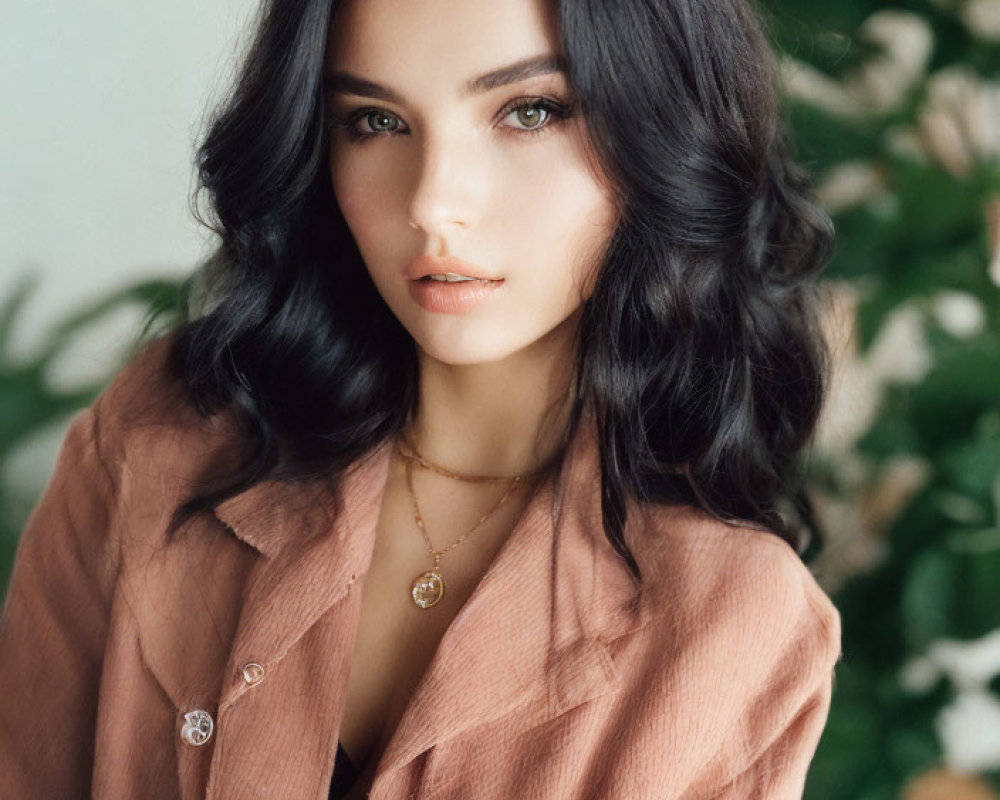 Dark-Haired Woman in Brown Shirt with Pendant Necklace by Green Plant