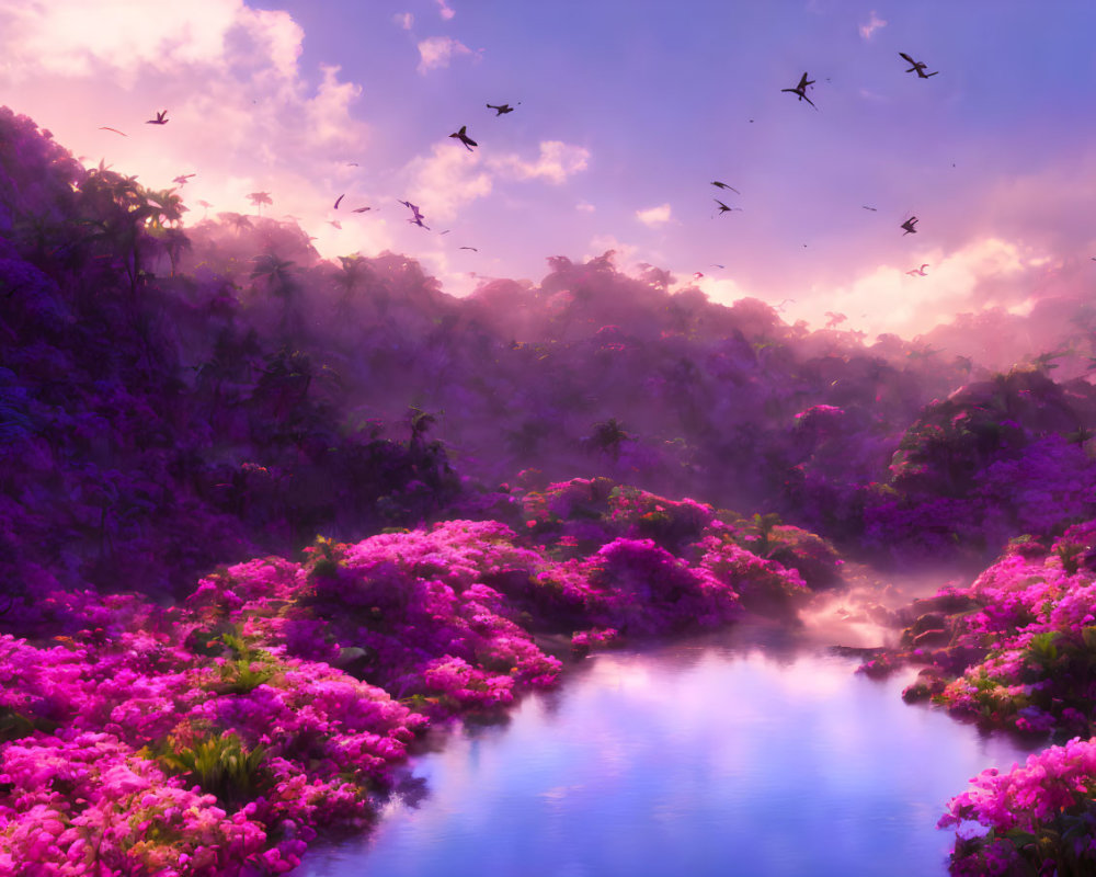 Tranquil landscape with blue lake, pink flora, and purple sky