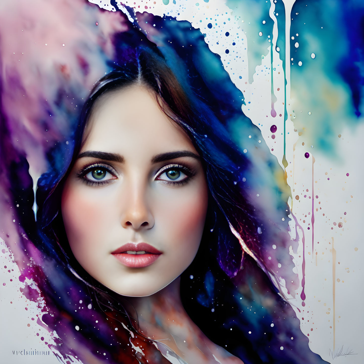 Portrait of Woman with Striking Green Eyes and Abstract Watercolor Background