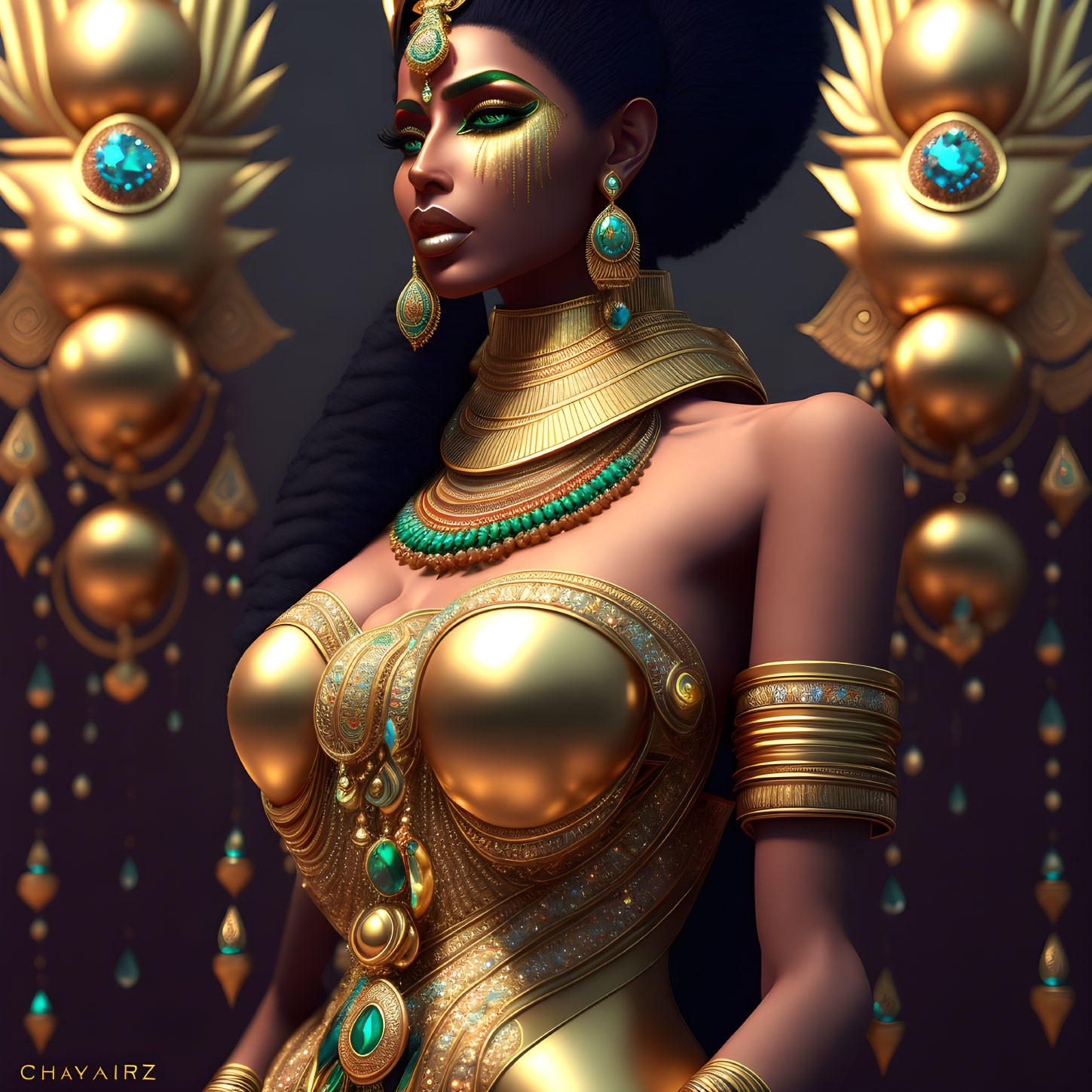 Regal 3D illustration of woman in Egyptian-inspired golden jewelry