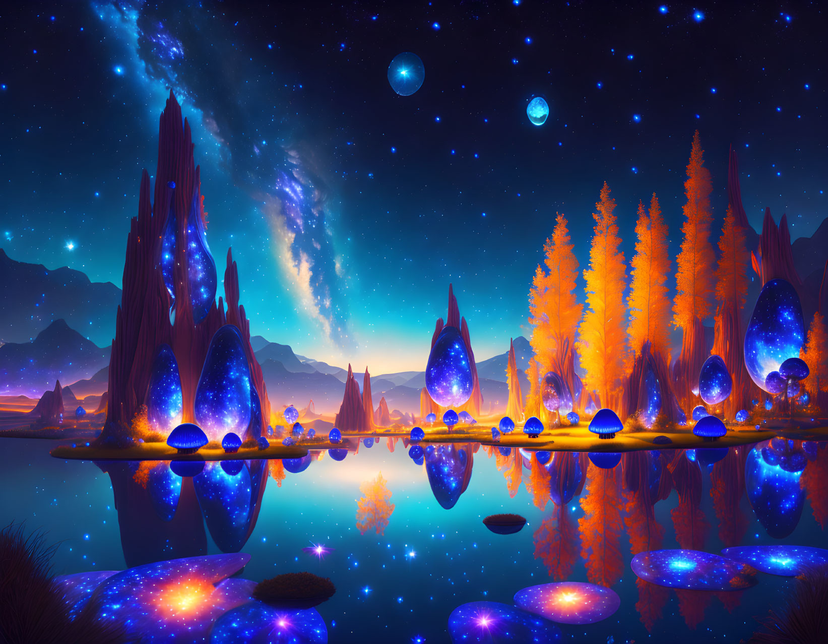 Fantasy night landscape with orange trees, glowing orbs, serene lake, and Milky Way