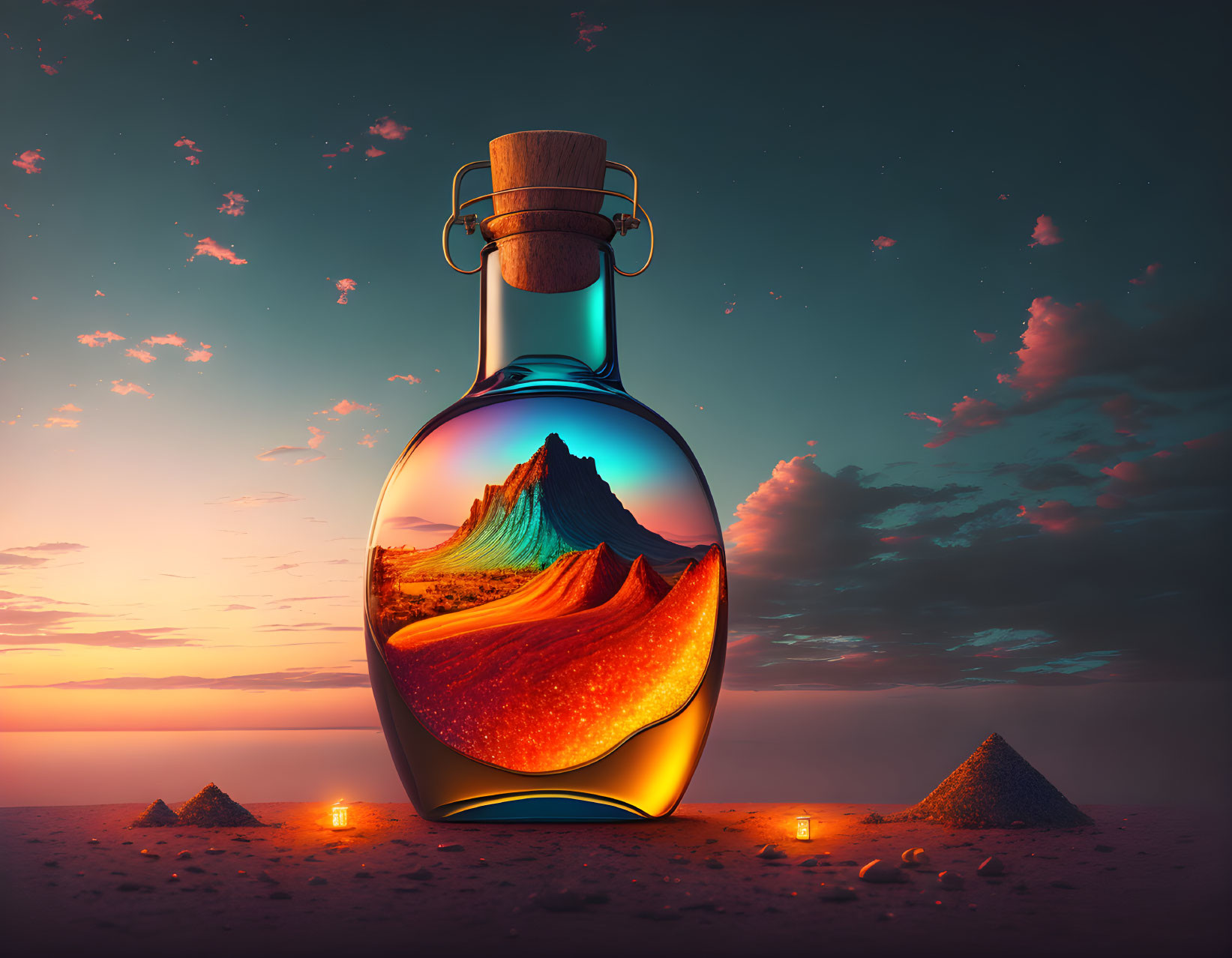 Surreal bottle with luminous volcanic landscape, pyramids, candles in twilight sky