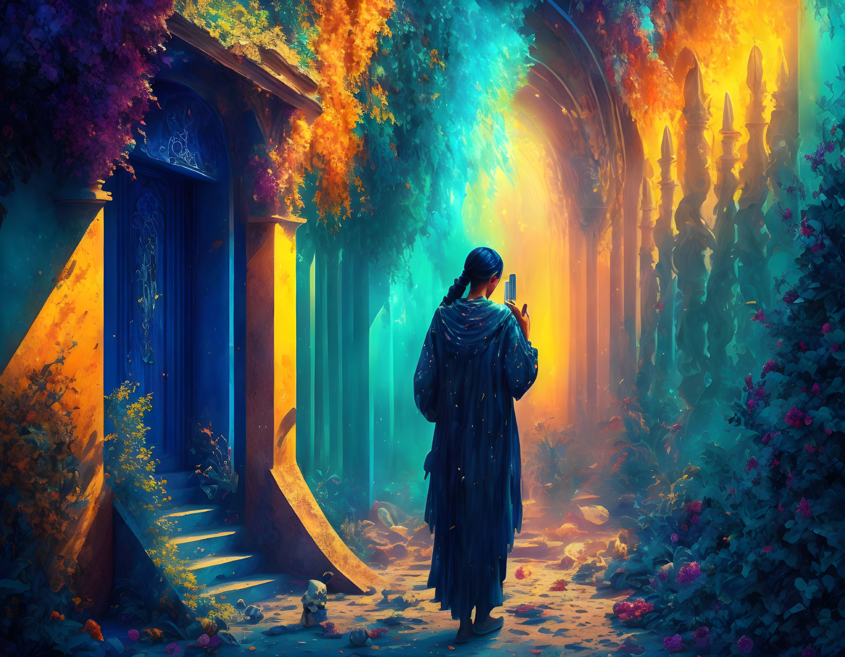 Mysterious Figure in Dark Cloak in Colorful Alley