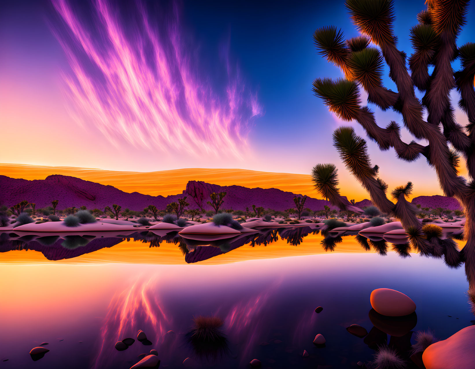 Vivid purple clouds at dramatic desert sunset