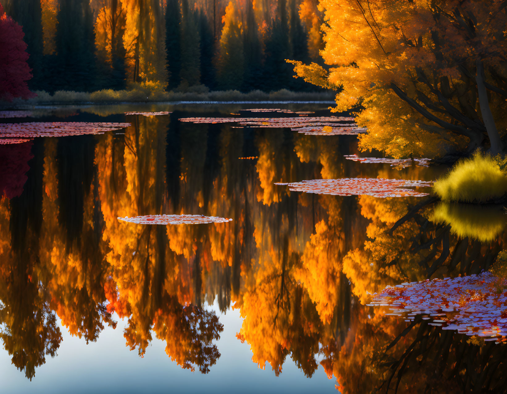 Vibrant orange and yellow autumn trees reflecting on calm lake