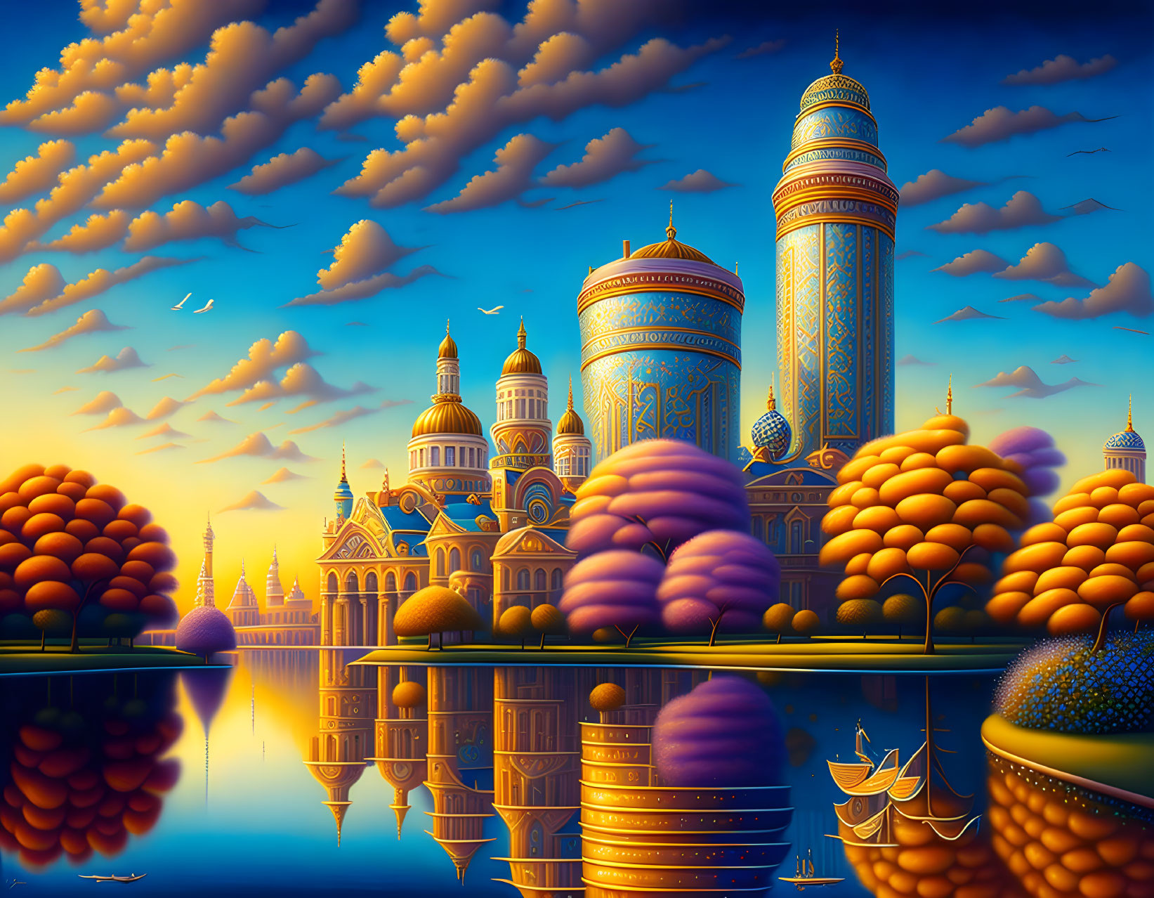 Fantastical landscape with golden-domed buildings, calm water, and soft clouds