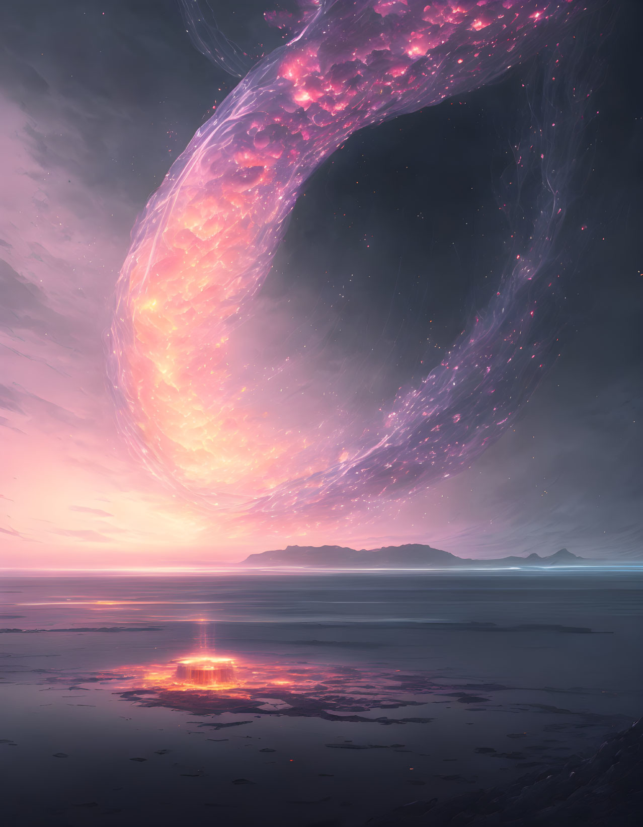 Tranquil ocean landscape with cosmic nebula above at dusk