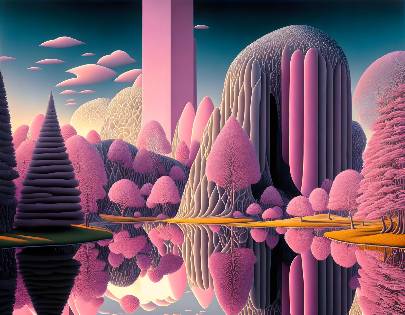 Pastel pink and violet surreal landscape with stylized trees and reflective water