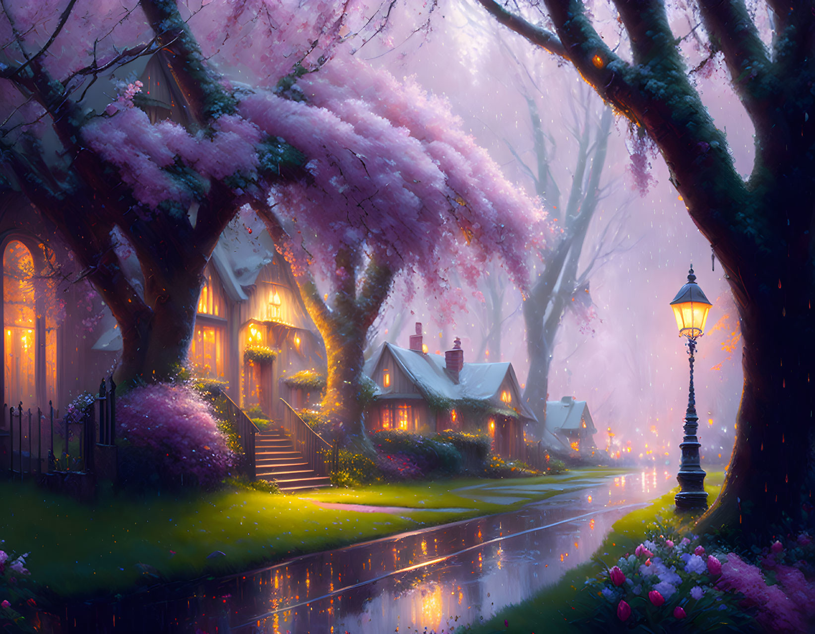 Cherry Tree-Lined Village Street at Twilight