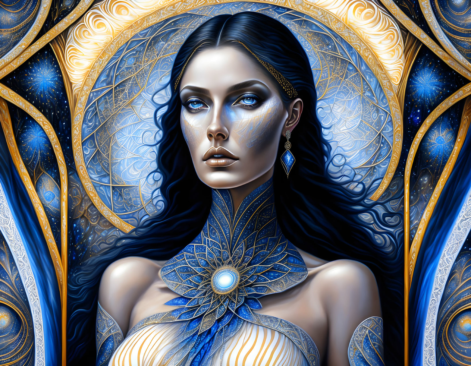 Detailed Illustration: Woman with Dark Hair and Blue-themed Ornate Jewelry in Celestial Background