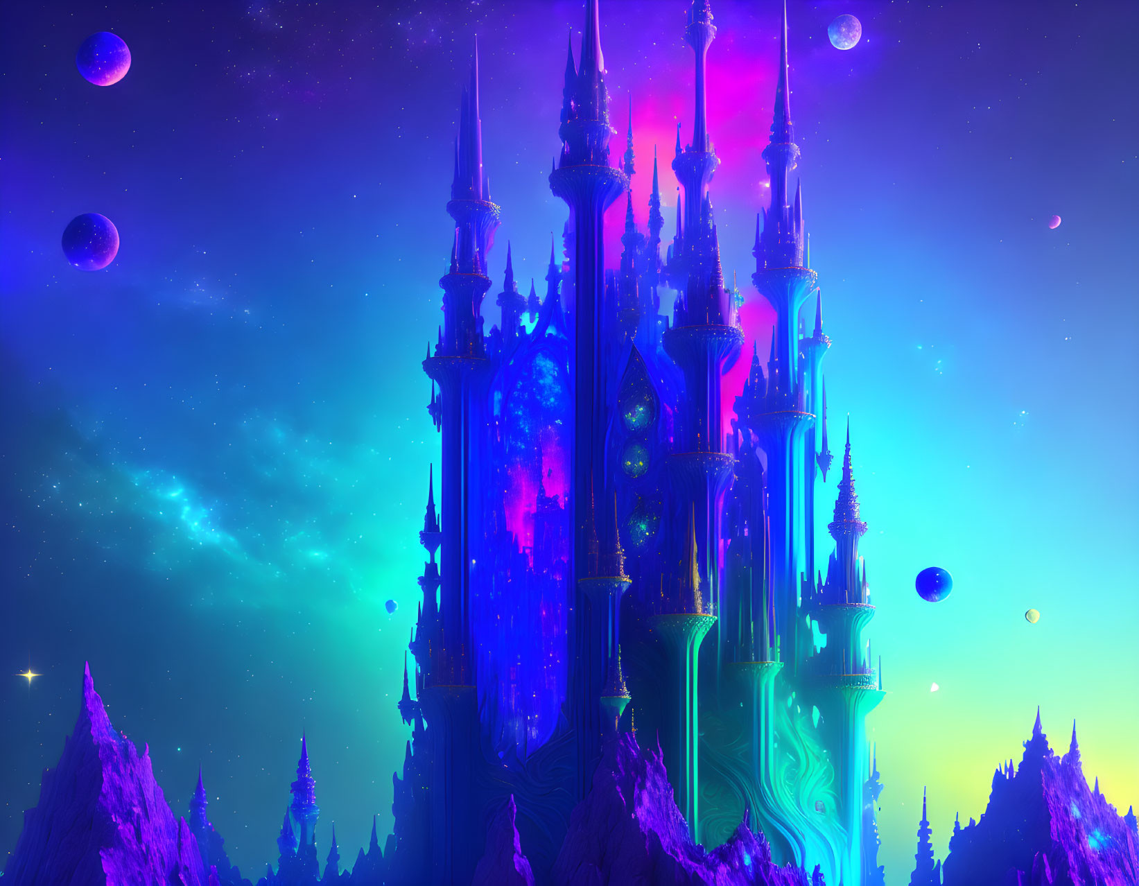 Fantasy castle with spires against a nebula-like sky filled with stars