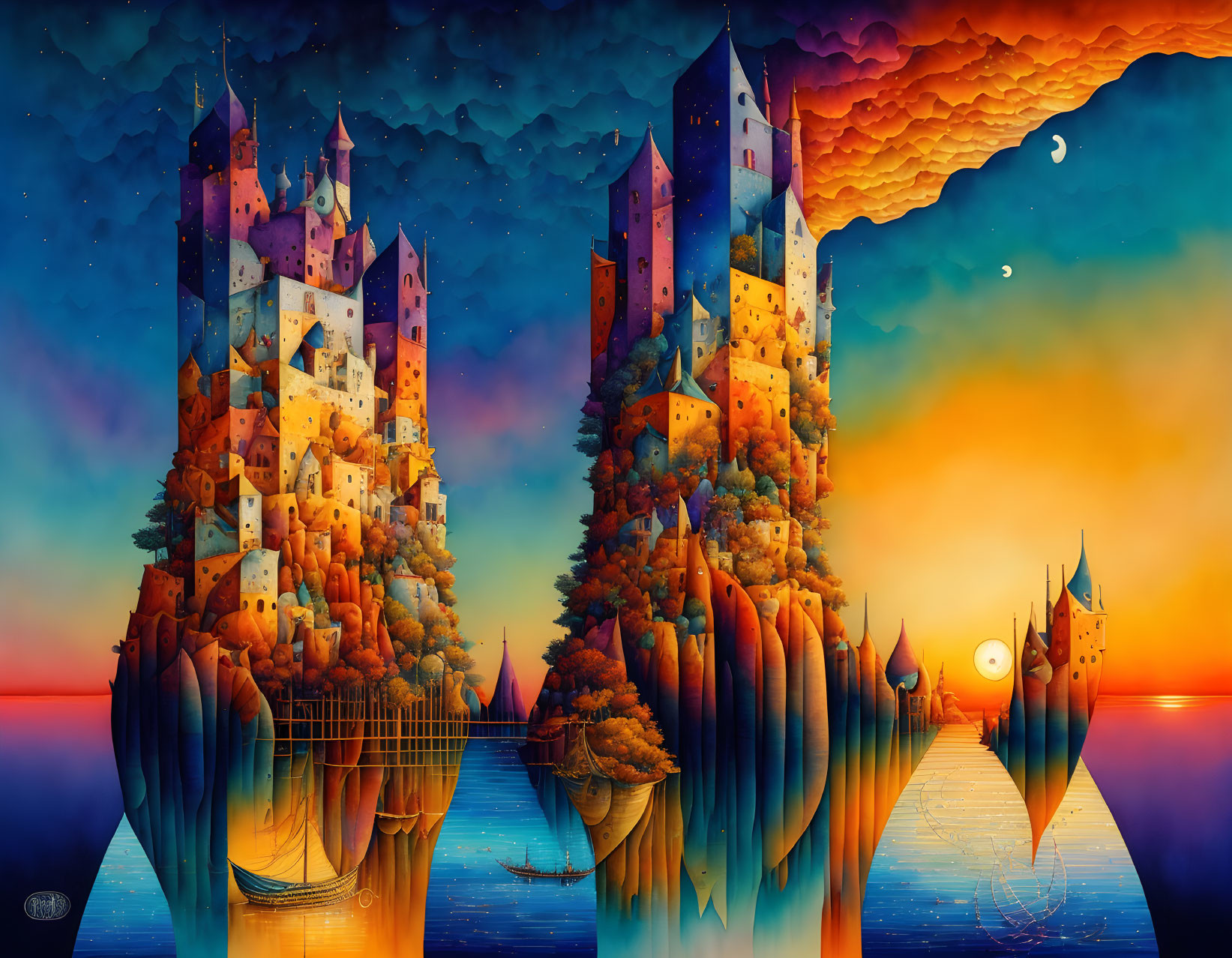 Fantastical landscape with towering castles, cliffs, bridge, and twilight sky