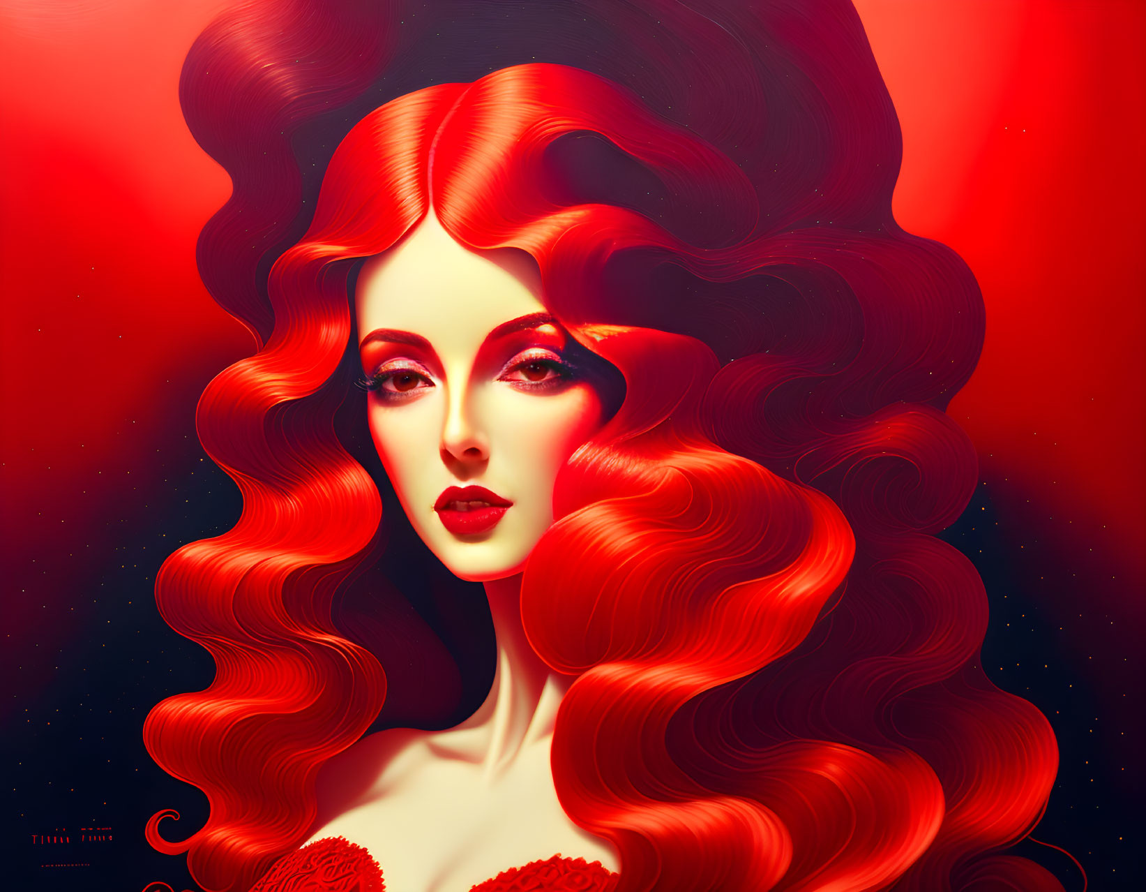 Digital illustration: Woman with red hair on red-black gradient background