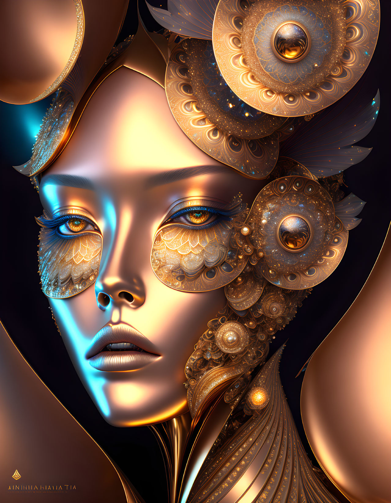 Stylized digital artwork of serene female face with golden headdress