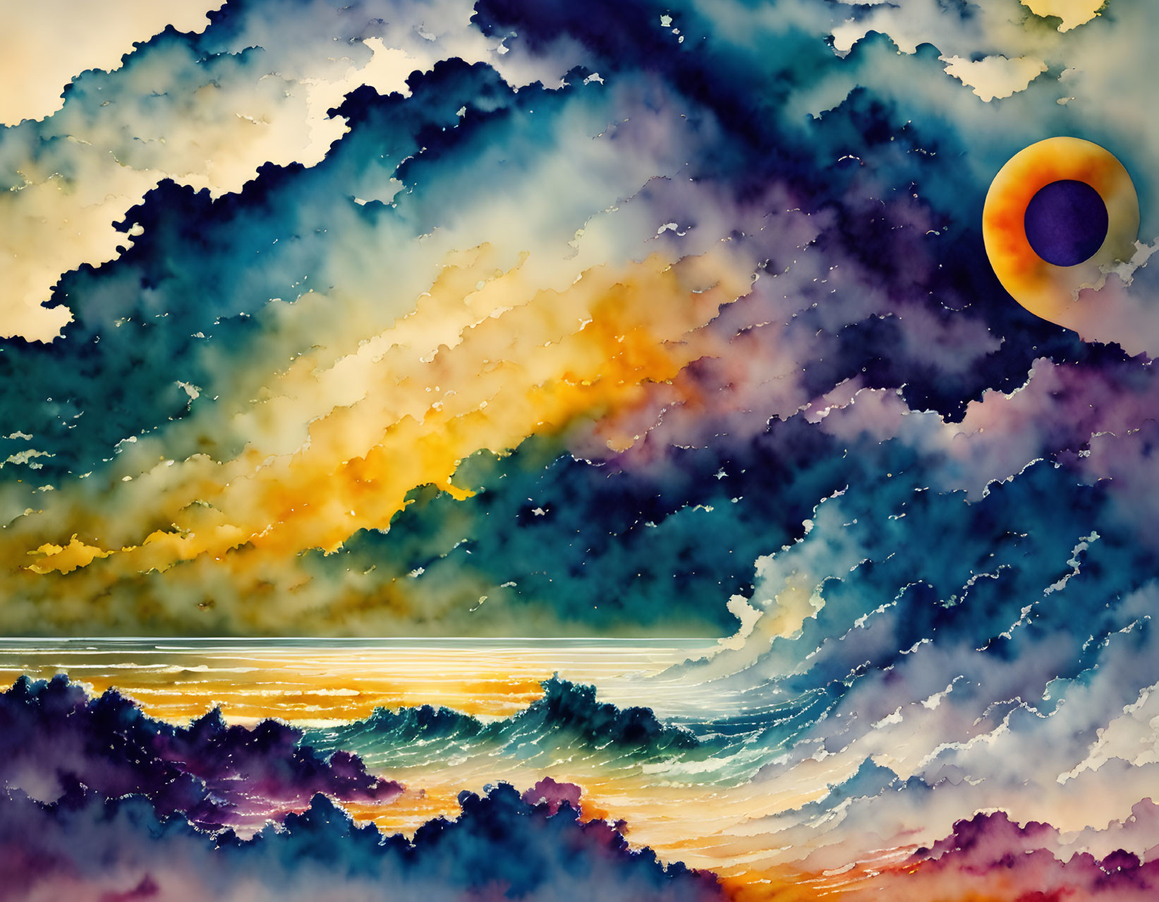 Vibrant sea illustration under stylized sky with sun or moon