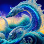 Ornate seahorses in dynamic wave on blue gradient background