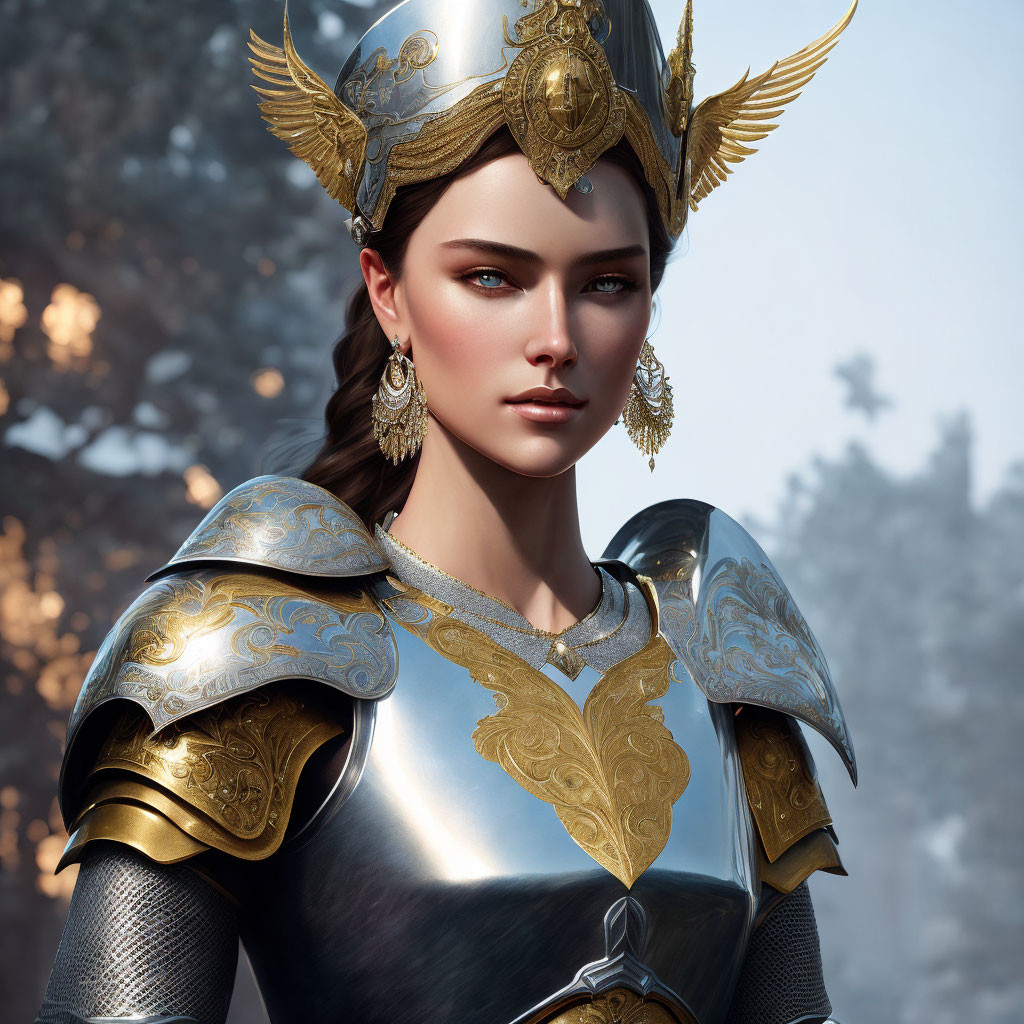 Medieval armor-clad woman in gold and silver helmet against forest backdrop